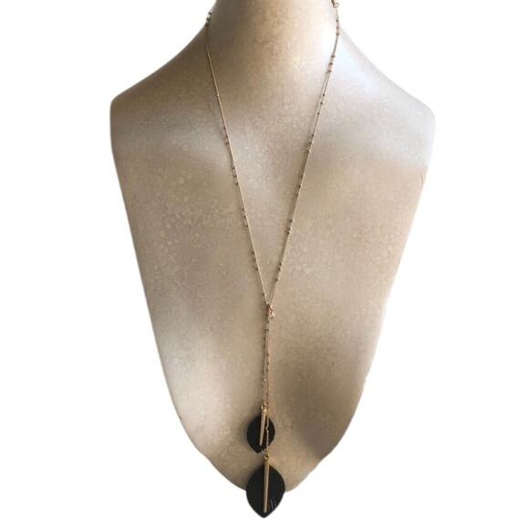 Gold Tone Small Gold Beads Black Fringed Feathered With Gold Bar Lariat Necklace - Picture 2 of 13